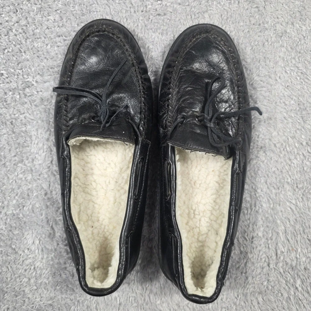 Unbranded Moccasin Slippers Mens 11 Black Leather Faux Fur Lined House Shoes
